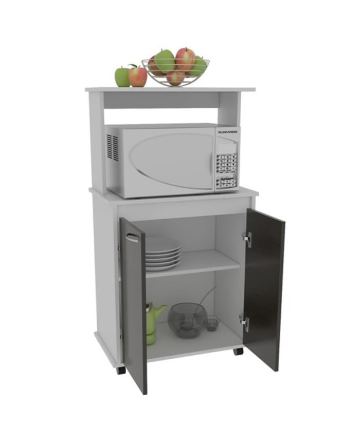 Módulo Microondas Palma, Blanco y Wengue, con Dos Puertas Abatibles y Rodachinas Para Su Fácil Desplazamiento