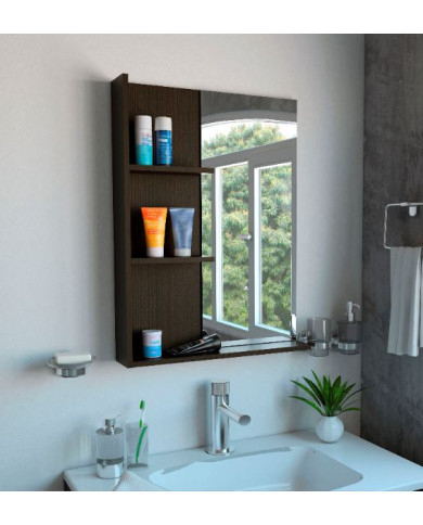 Espejo de Baño Siberio, Wengue, con Tres Entrepaños Para Ubicar Objetos de Aseo Personal